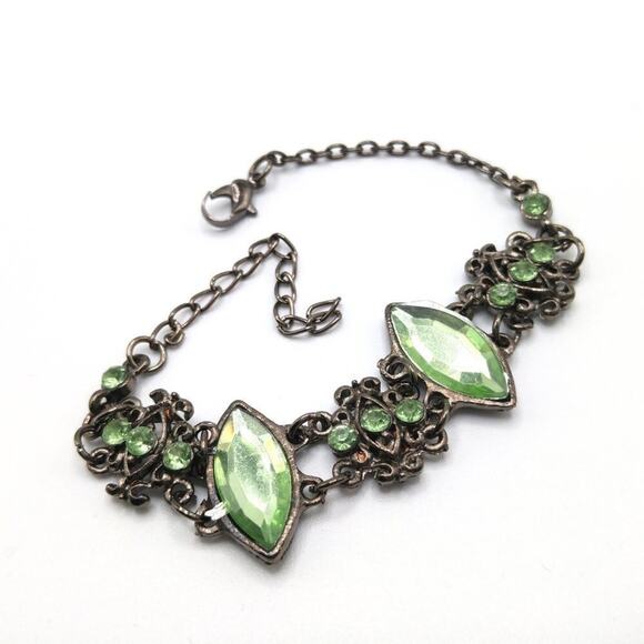 Green Rhinestone Link Bracelet, Rustic Silver Tone, 8 1/2 Inches - Picture 5 of 6